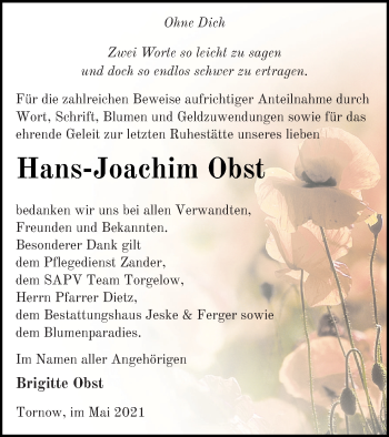 Traueranzeige von Hans-Joachim Obst von Prenzlauer Zeitung