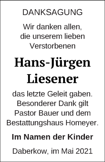 Traueranzeige von Hans-Jürgen  Liesener von Vorpommern Kurier