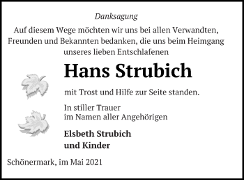 Traueranzeige von Hans Strubich von Prenzlauer Zeitung