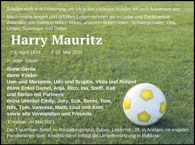  Traueranzeige für Harry Mauritz vom 29.05.2021 aus Vorpommern Kurier