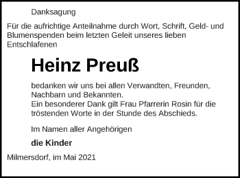 Traueranzeige von Heinz Preuß von Templiner Zeitung