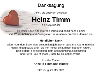 Traueranzeige von Heinz Timm von Pasewalker Zeitung