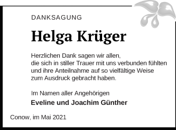 Traueranzeige von Helga Krüger von Strelitzer Zeitung