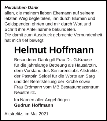 Traueranzeige von Helmut Hoffmann von Strelitzer Zeitung