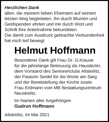 Traueranzeige von Helmut Hoffmann von Strelitzer Zeitung