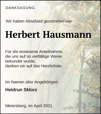 Traueranzeige von Herbert Hausmann von Haff-Zeitung