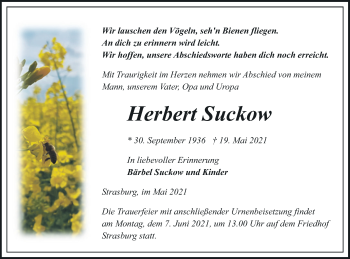 Traueranzeige von Herbert Suckow von Pasewalker Zeitung