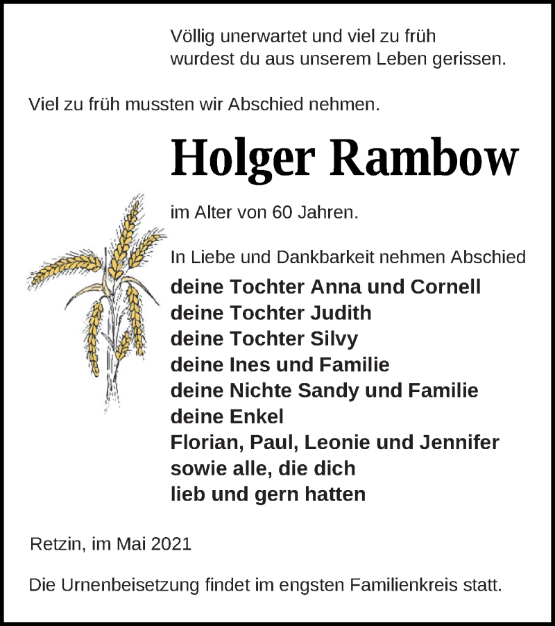  Traueranzeige für Holger Rambow vom 15.05.2021 aus Pasewalker Zeitung