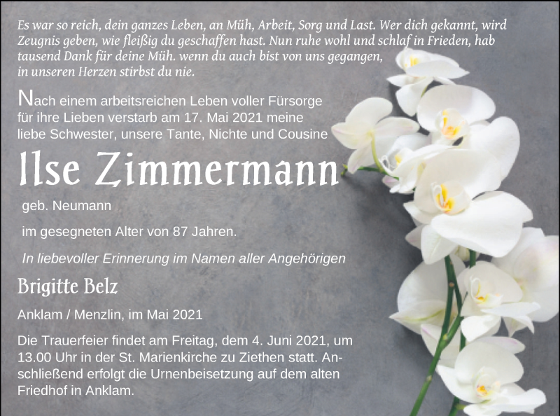  Traueranzeige für Ilse Zimmermann vom 22.05.2021 aus Vorpommern Kurier
