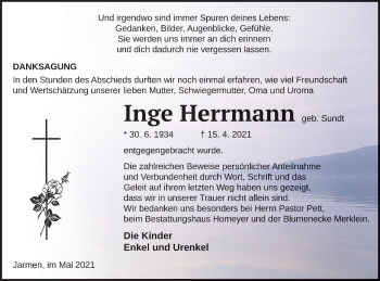 Traueranzeige von Inge Herrmann von Vorpommern Kurier