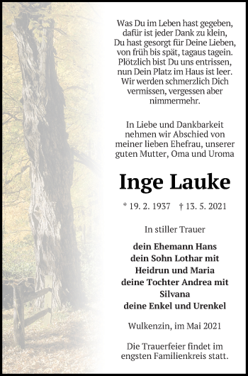 Traueranzeige von Inge Lauke von Neubrandenburger Zeitung