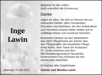 Traueranzeige von Inge lawin von Strelitzer Zeitung