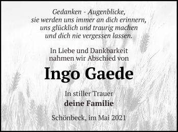 Traueranzeige von Ingo Gaede von Strelitzer Zeitung