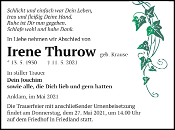 Traueranzeige von Irene Thurow von Vorpommern Kurier