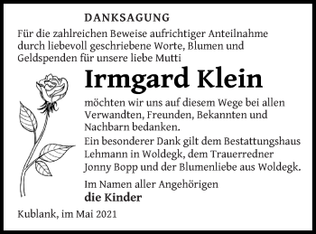 Traueranzeige von Irmgard Klein von Prenzlauer Zeitung