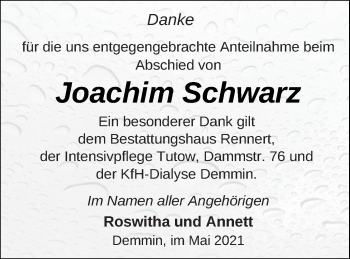 Traueranzeige von Joachim Schwarz von Demminer Zeitung