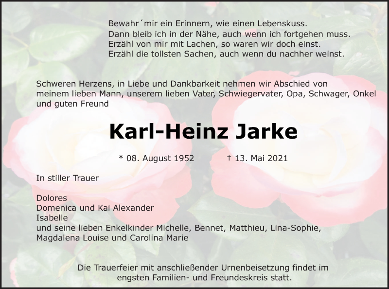  Traueranzeige für Karl-Heinz Jarke vom 19.05.2021 aus Demminer Zeitung