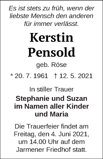 Traueranzeige von Kerstin Pensold von Vorpommern Kurier