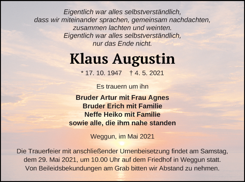  Traueranzeige für Klaus Augustin vom 14.05.2021 aus Prenzlauer Zeitung