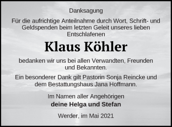 Traueranzeige von Klaus Köhler von Neubrandenburger Zeitung