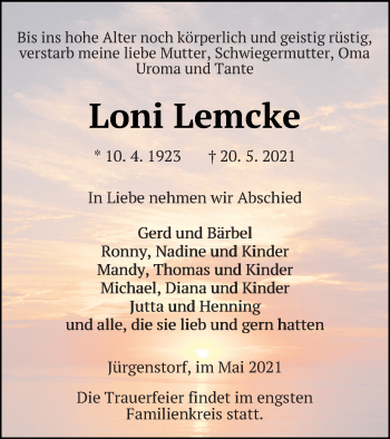 Traueranzeige von Loni Lemcke von Mecklenburger Schweiz