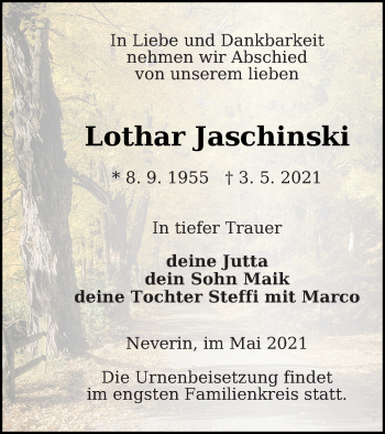 Traueranzeige von Lothar Jaschinski von Neubrandenburger Zeitung