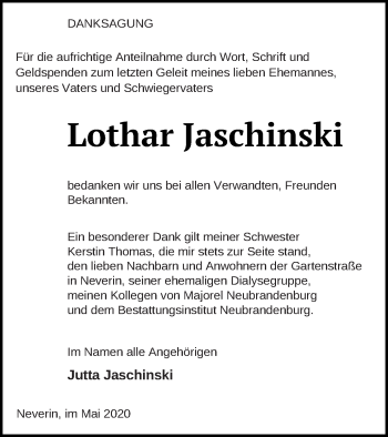 Traueranzeige von Lothar Jaschinski von Neubrandenburger Zeitung