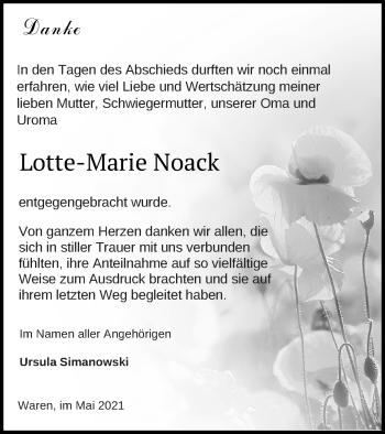 Traueranzeige von Lotte-Marie Noack von Müritz-Zeitung