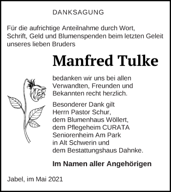 Traueranzeige von Manfred Tulke von Müritz-Zeitung