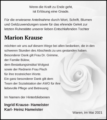 Traueranzeige von Marion Krause von Müritz-Zeitung