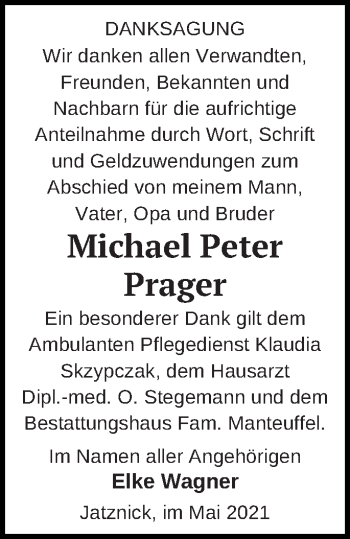 Traueranzeige von Michael Peter Prager von Pasewalker Zeitung