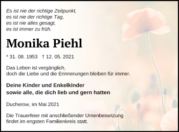 Traueranzeige von Monika Piehl von Vorpommern Kurier