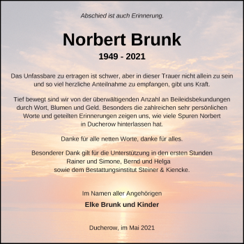 Traueranzeige von Norbert Brunk von Vorpommern Kurier