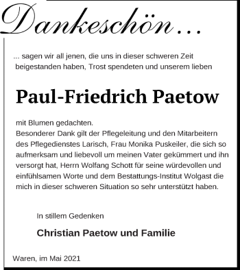 Traueranzeige von Paul-Friedrich Paetow von Müritz-Zeitung