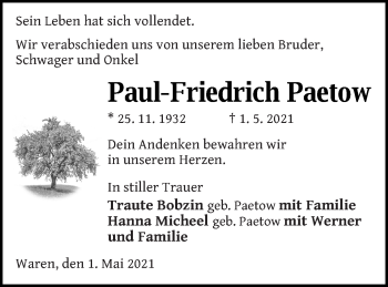 Traueranzeige von Paul-Friedrich Paetow von Müritz-Zeitung