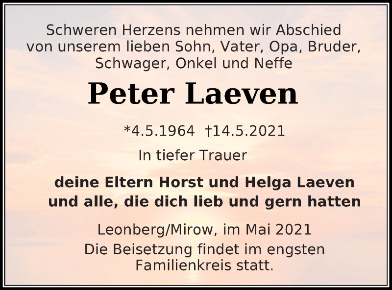  Traueranzeige für Peter Laeven vom 27.05.2021 aus Strelitzer Zeitung