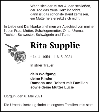 Traueranzeige von Rita Supplie von Mecklenburger Schweiz