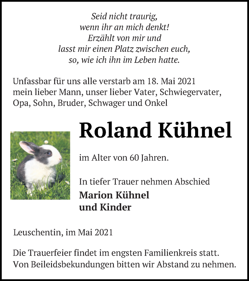  Traueranzeige für Roland Kühnel vom 22.05.2021 aus Mecklenburger Schweiz