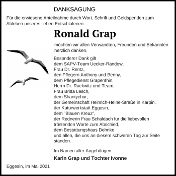 Traueranzeige von Ronald Grap von Haff-Zeitung