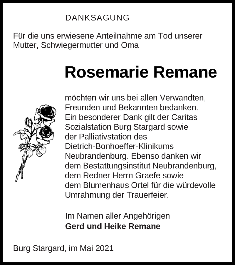  Traueranzeige für Rosemarie Remane vom 14.05.2021 aus Neubrandenburger Zeitung