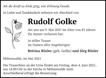 Traueranzeige von Rudolf Golke von Templiner Zeitung