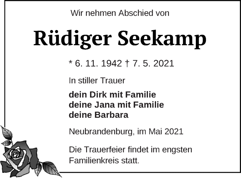  Traueranzeige für Rüdiger Seekamp vom 15.05.2021 aus Neubrandenburger Zeitung