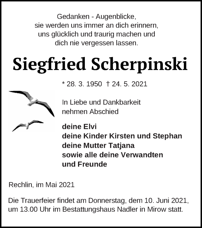  Traueranzeige für Siegfried Scherpinski vom 28.05.2021 aus Müritz-Zeitung