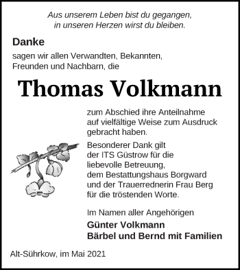 Traueranzeige von Thomas Volkmann von Mecklenburger Schweiz