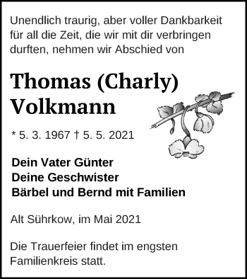 Traueranzeige von Thomas Volkmann von Mecklenburger Schweiz