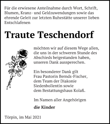 Traueranzeige von Traute Teschendorf von Demminer Zeitung