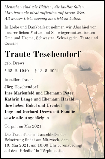 Traueranzeige von Traute Teschendorf von Demminer Zeitung