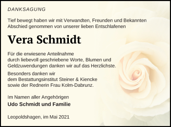 Traueranzeige von Vera Schmidt von Haff-Zeitung