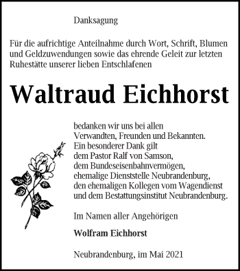 Traueranzeige von Waltraud Eichhorst von Neubrandenburger Zeitung