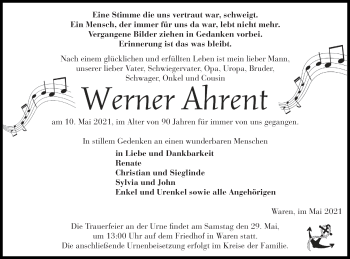 Traueranzeige von Werner Ahrent von Müritz-Zeitung